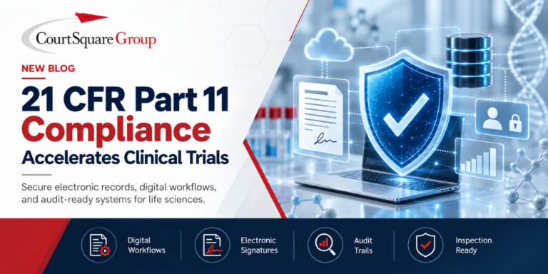 Illustration of secure digital workflows, electronic signatures, audit trails, and inspection-ready systems supporting 21 CFR Part 11 compliance in clinical trials.